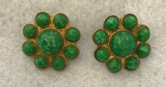 Faux Jade Green Cabochon, Flower Clip-On, Twist Back Earrings, Vintage, JWL-1054