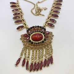 NY Signed Rhinestone Cabochon Tassel Statement Necklace Adjustable Jewelry