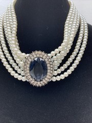 RDC Vintage Faux Pearl Blue Stone Pendant Choker Necklace Costume Jewelry