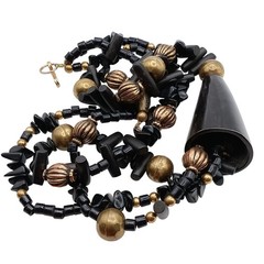 Fabulous Vintage Roxsann Asymmetrical Multi-Strand Black Stone & Brass Beaded