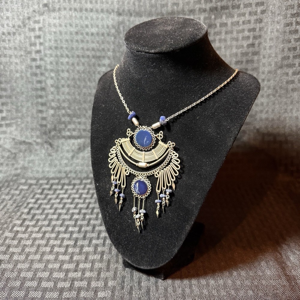 Vintage Hand Made Peruvian Alpaca Silver Chandelier Necklace w Blue Gemstones