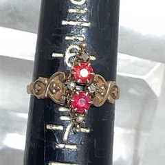 Antique Edwardian Rose Gold Ring 2 Red Zircons, 4 Diamonds Size 6.5