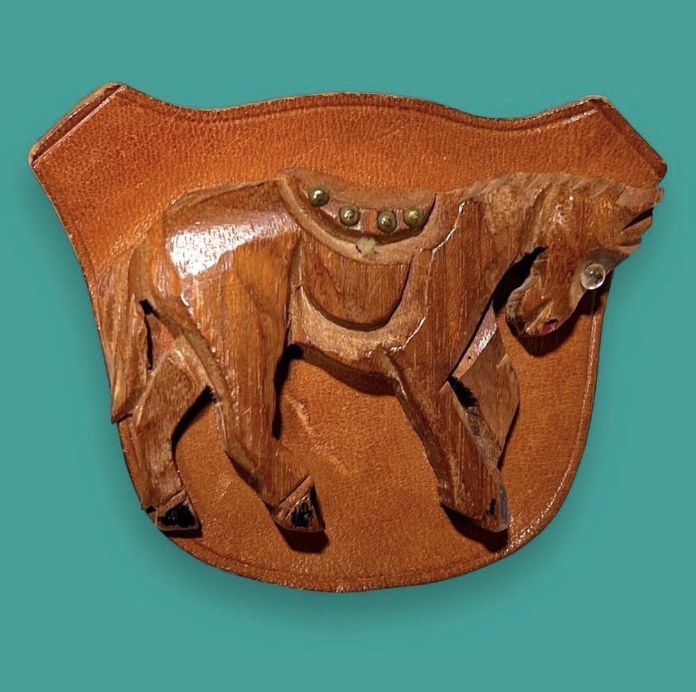 Leather & Carved Wood, Wooden Horse Brooch, Bakelite Era Equestrian Figural Pin