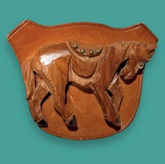 Leather & Carved Wood, Wooden Horse Brooch, Bakelite Era Equestrian Figural Pin