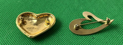 2 Vintage Hearts Brooches Pins Polished Gold Tone 1 Open Heart Flat & 1 Solid