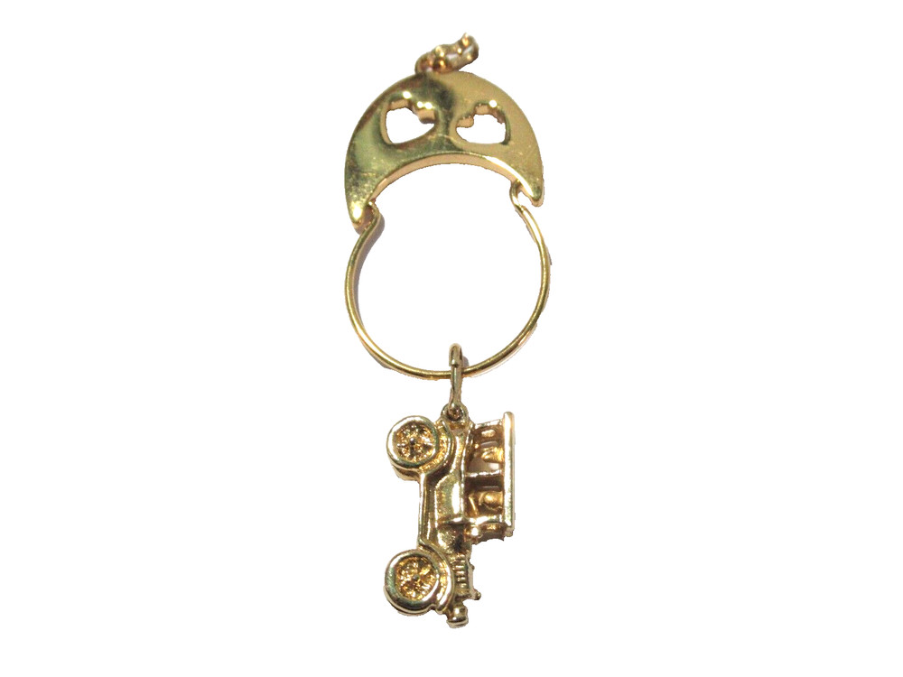 Monet Charm Holder w Automobile Car Dangle Hearts Cut Out Brass Vintage Signed