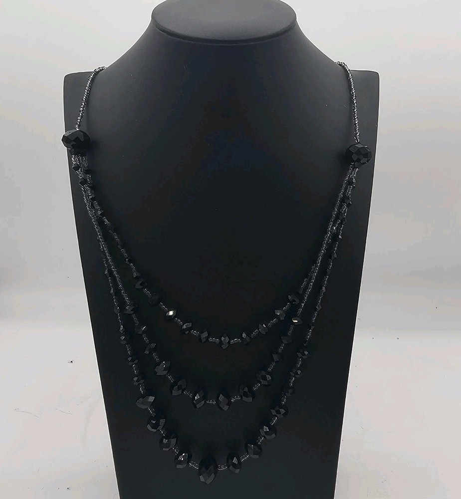 Vintage Black Faceted Crystal Glass Mourning Flapper Necklace Layered 26 In Deco