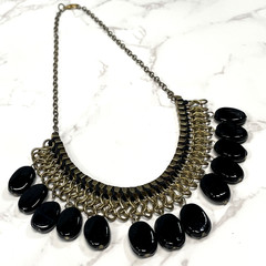 Antique Brass Link Mesh Bib Necklace Chunky Black Dangle Bead Statement Collar