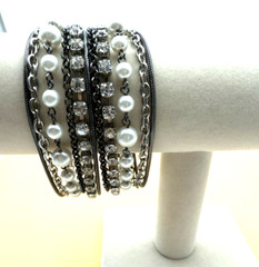 NY Bracelet Multiple Strand Faux Pearl Rhinestones Chains Brutalist Jewelry