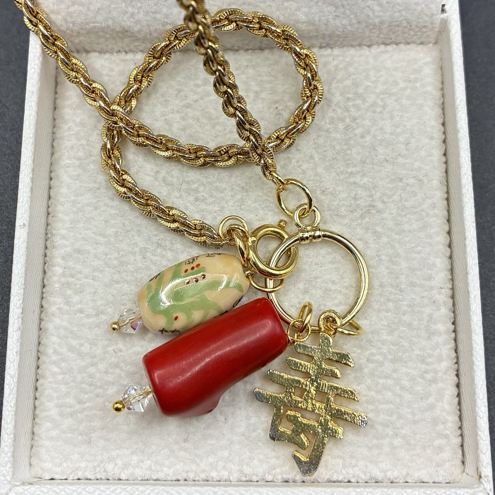 Custom Vintage Charm Trio, Vtg Gold Plated Chain Necklace, Coral, Chinese Symbol