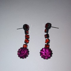 Vtg Red Pink Rhinestone Earrings & Brooch Set