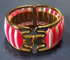 Vintage Hinged Pink & White Stripe Peppermint Lucite & Metal Clamper BRACELET