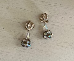 Vintage Aurora Borealis Crown Cage Ball Drop Gold Chandelier Clip On Earrings