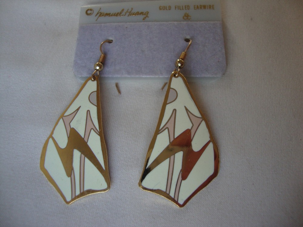VINTAGE SAMUEL HUANG CLOISONNE RETRO ABSTRACT GRAY PINK & CREAM EARRINGS