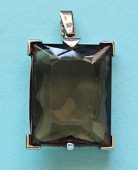 Vintage Mid-Century Rectangular Faceted Glass Pendant Gold Tone Frame 2 Inch