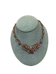 MADE IN AUSTRIA VINTAGE PINK CRYSTAL FACADE GOLD TONE NECKLACE SIGNED 13.5-15.5”