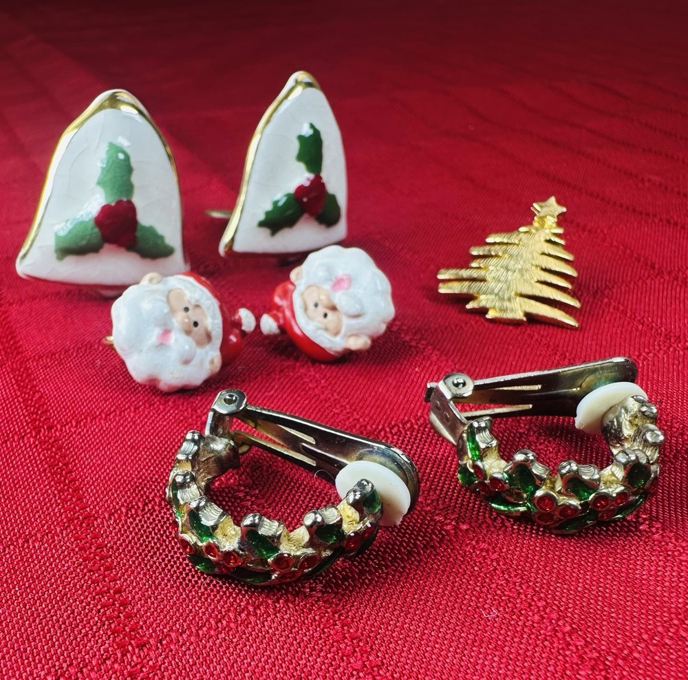 MCM Enamel Christmas Jewelry Lot Clip On Earrings Tree Pin Santa Bells Holiday
