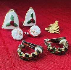MCM Enamel Christmas Jewelry Lot Clip On Earrings Tree Pin Santa Bells Holiday