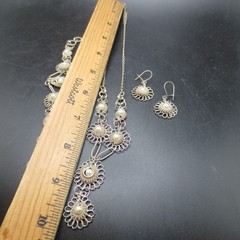 Vtg Wire Filigree Necklace 17” & Bracelet 7” Earrings Faux Pearls Set Boho 1980s
