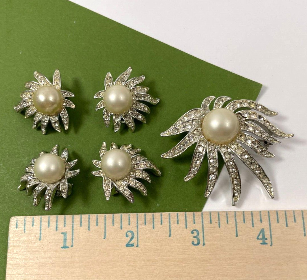 Vintage Celebrity NY Rhinestone Faux Pearl Brooch Earring Shoe Clip Set Signed