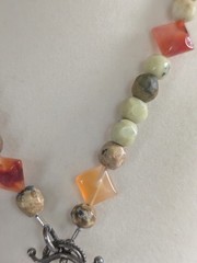 Vintage Carved Stone Rose Pendant Beaded Carnelian Agate Jasper Necklace