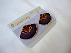 VINTAGE SAMUEL HUANG CLOISONNE RETRO ABSTRACT FAN RED BLACK & PURPLE EARRINGS