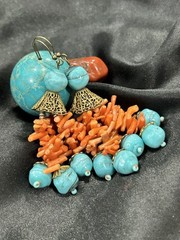Vintage Coral And Art Glass Earrings Orange Turquoise Summer Beach Hot Dangle