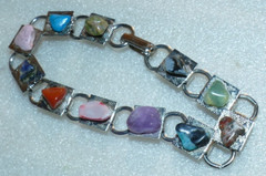 11 Semi-Precious Stones on Silvertone Link Bracelet Costume Jewel 7.75″ long