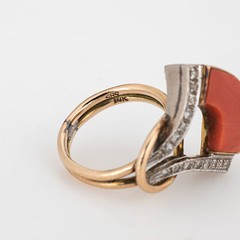 Vintage 70s Coral Diamond Ring Abstract 14k Yellow Gold Sz 4.75 Estate Jewelry