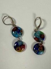 VTG Millefiori Art Glass Round Beaded Dangle Drop Pierced Earrings 1.5” Hook