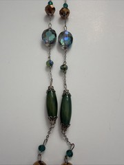Vntg Long Green Faceted Crystal Bead Necklace Silver Tone Artisan Boho Layering