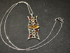 Vintage Baltic Amber Articulated Shield Pendant Necklace, 925 Silver,18″, 7.1g