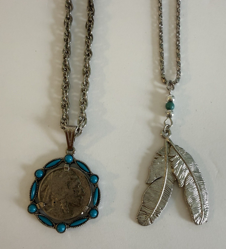 Vtg Indian Head Buffalo Nickel Coin Necklace Turquoise Accents 24″ + Feather 18″