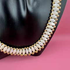 Vintage Polished MOP Necklace Oval Barrel Shape Gold Tone Bead Border Graduated