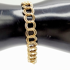 Fancy Double Circular Link Fancy Curb Shiny Gold Tone Vintage Chain Bracelet