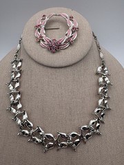 Vintage Pink Enamel Rhinestone Necklace And Pin Set- See Description