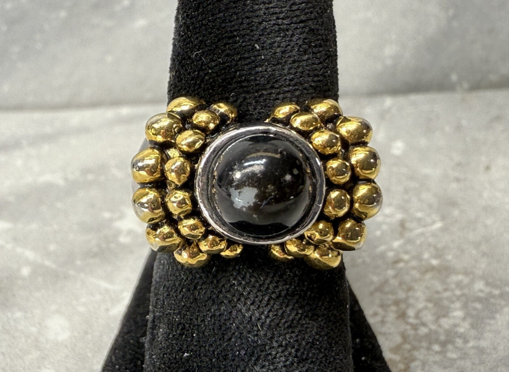 Vintage Silver & Gold Tone Black Dome Cab Ring Size 6