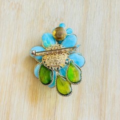 VTG Estate W. Germany Pin Brooch Blue Flower Rhinestone Celluloid Large Signed