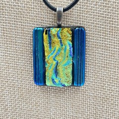 Vintage Dichroic Fused Glass Pendant Necklace Iridescent Blue Green Black Cord