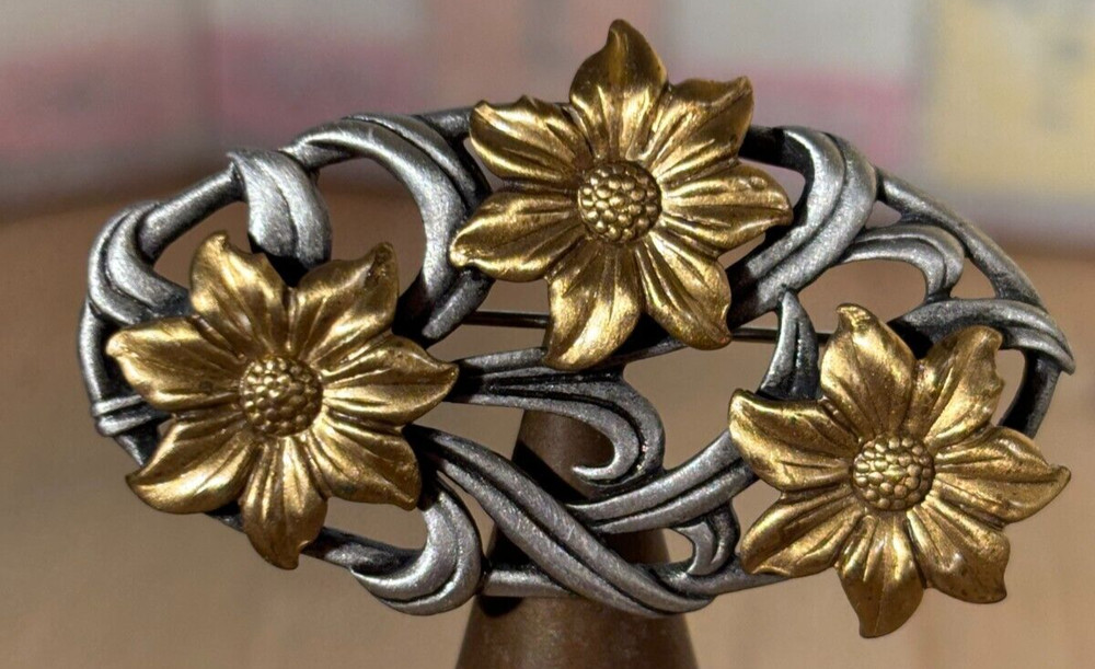JJ Floral Pin Brooch, Silver and Gold Tone Openwork Flowers, Signed, 2″w