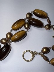 Necklace 2 Strand Tiger’s Eye Cultured Pearl Vermeil Toggle Clasp Vintage Unused