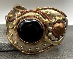 VTG Brutalist Mixed Metal Copper Silver Tone Wide Cuff Bracelet Black Stone 7”