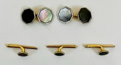 Vintage Antique Pair of Octagon MOP 14K Gold Cuff Links + 3 Shirt Studs 14K Gold