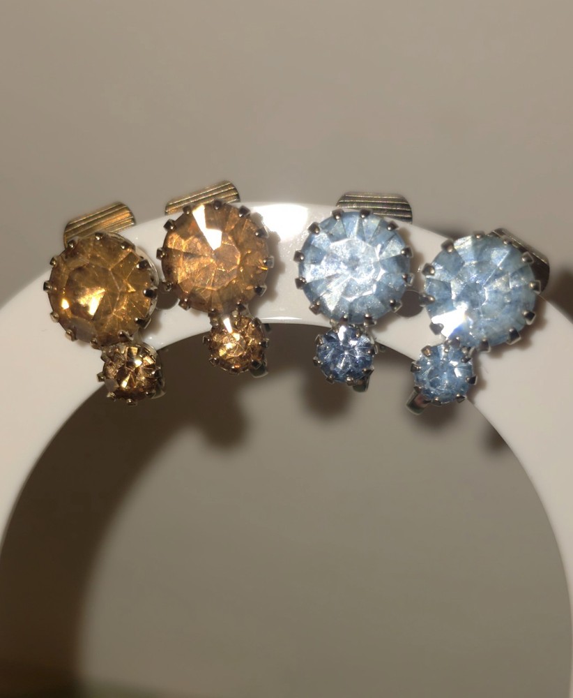 Vintage Rhinestone Clip On Earrings Lot of 2 Pairs Topaz Amber and Light Blue