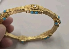 Vintage 1968 Grosse (Germany) Gold Plated Oval Bangle Bracelet W Turquoise 2.75″