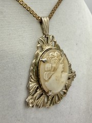 Vintage Cameo Lady Portrait Pendant Necklace Silver Tone Filigree Victorian