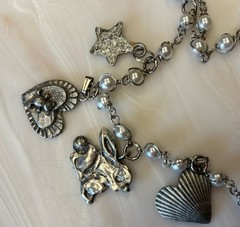 Marcie Signed 30” Pewter Charm Necklace w/Pearls Rabbits Hearts Birdhouse Garden