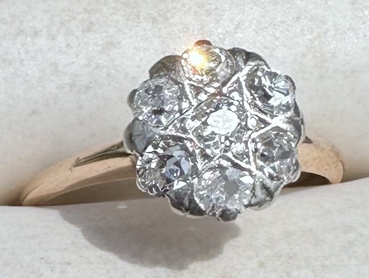 ART DECO 1930’s OLD MINE CUT DIAMOND DAISY FLOWER RING 13K 14K 15K GOLD