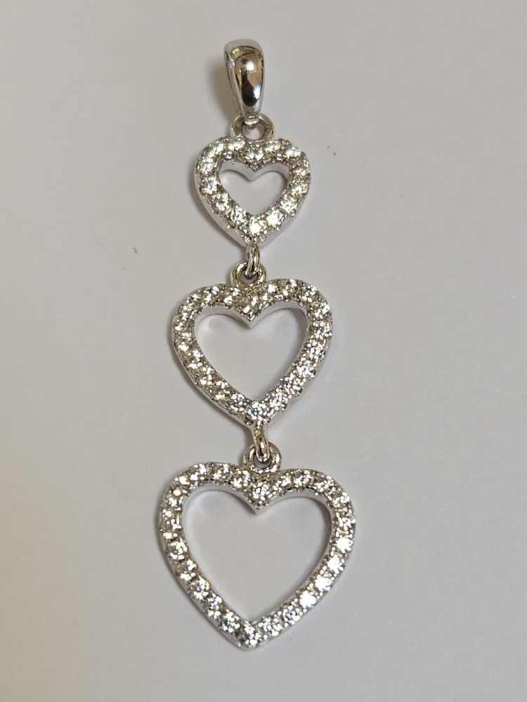 Sterling Silver ~ Triple Heart Pendant ~ Clear CZ Graduated Drop ~ VINTAGE