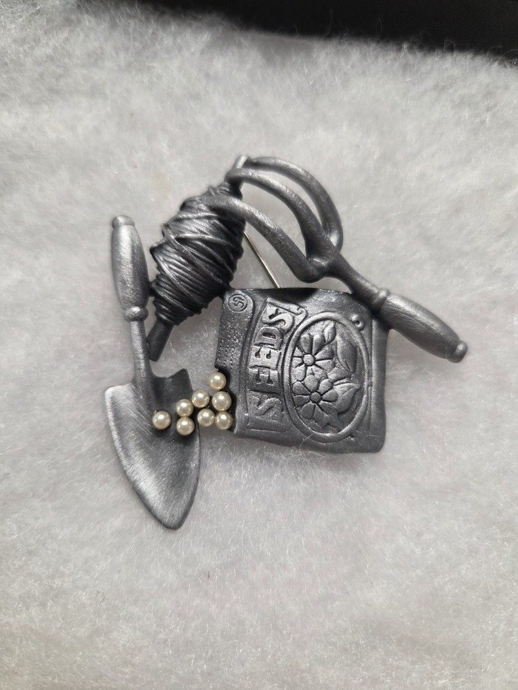 Vtg AJC pewter faux pearls Gardening Supply Seeds Pin